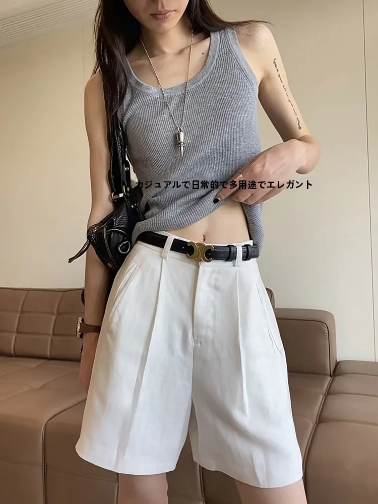 White Linen  Casual High Waist Wide Leg Five-Quarter Pants Women's Summer New Style Loose Fit A-Line Shorts