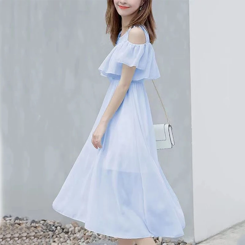 Summer New Korean Sweet Fairy Style Off Shoulder Chiffon Dress Round Neck Ruffles Fresh Solid Butterfly Sleeve Casual Dresses