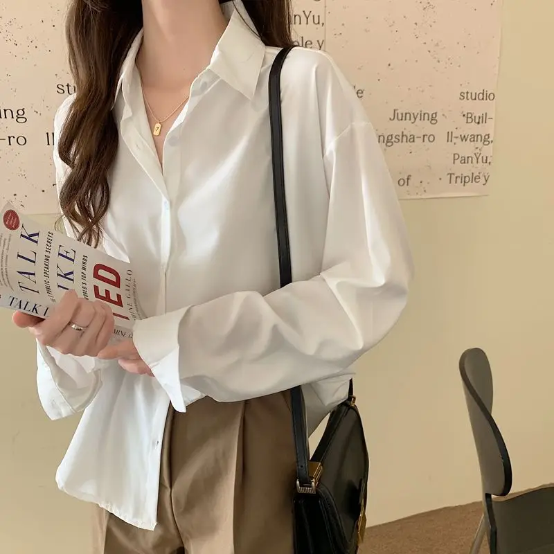 

White Casual Style Loose Long Sleeve Women's Shirt Fashionable Versatile Top Elegant A-Line Design Autumn Collection
