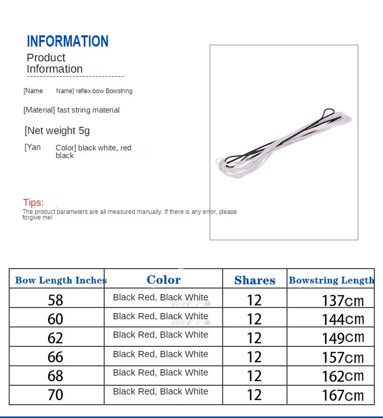 12 Shares Bowstring For 58/60/62/66/68/70 Inches Recurve Bow Archery Accessory Straight Bow Archery Hunting Shooting