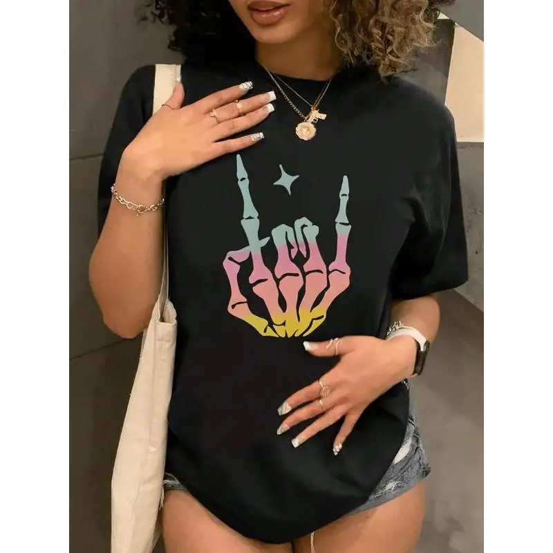 

Skeleton Hand T-Shirt Rock & Roll Graphic Tee Gothic Punk Style Oversized Unisex Top for Halloween, Concerts or Gift S-3XL