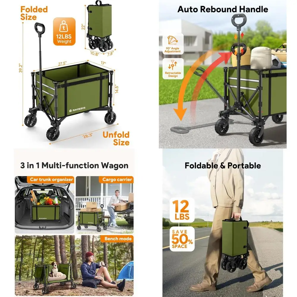 

Складная универсальная тележка с грузоподъемностью 220 фунтов, объемом 120 л для покупок, пляжа, сада, кемпинга и спорта, зеленая