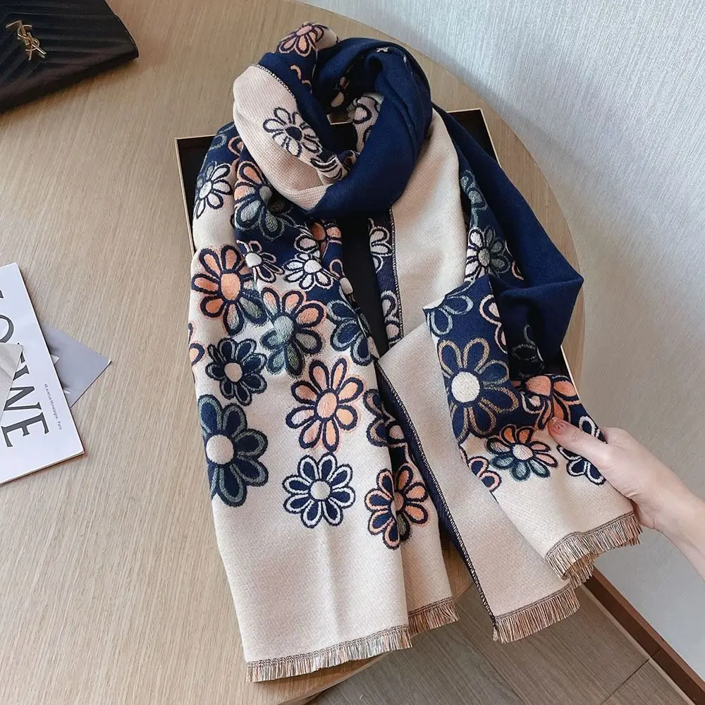 Womens Autumn Winter Flower Warm Shawl Wraps Blanket Thicken Plush Scarf Hijab Long Pashmina Cloak Cardigan