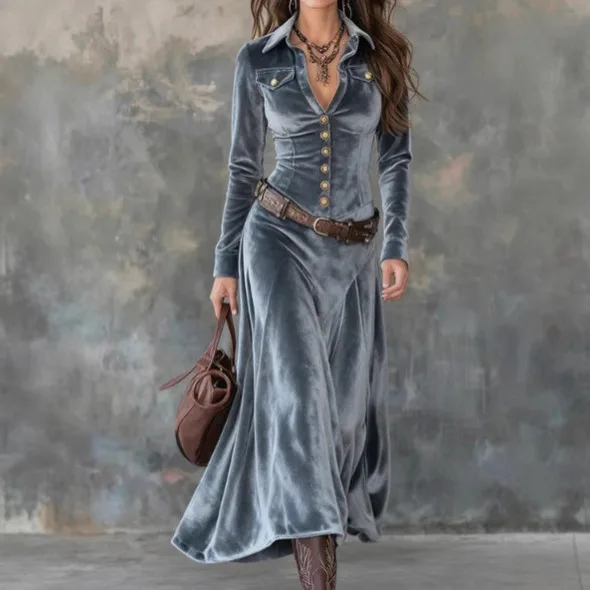 

Elegant Long Dress Spring Autumn Gray Blue Slim Fashion Commuter Style Long-sleeved V-neck High-waist Button Belt Dresses