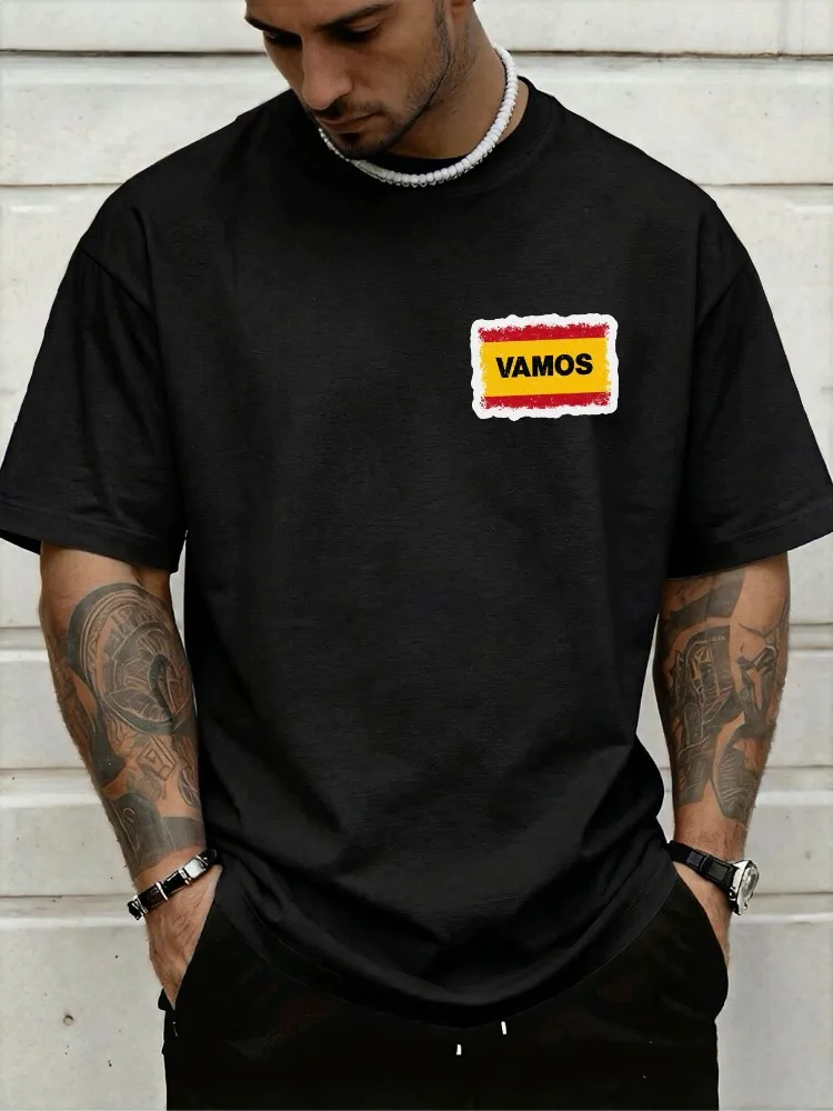 Mens Crew Neck Tee Spain Vamos Flag Chest Graphic Loose Short Sleeve Summer European Street Soft Cotton Blue Casual Fashion Top