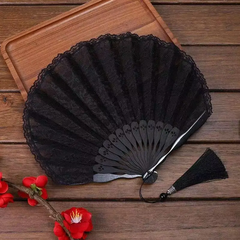 Double Black Lace Folding Fan Boutique Lady Shell Fan Gifts Stage Performance Dance Party Photography Props Fan