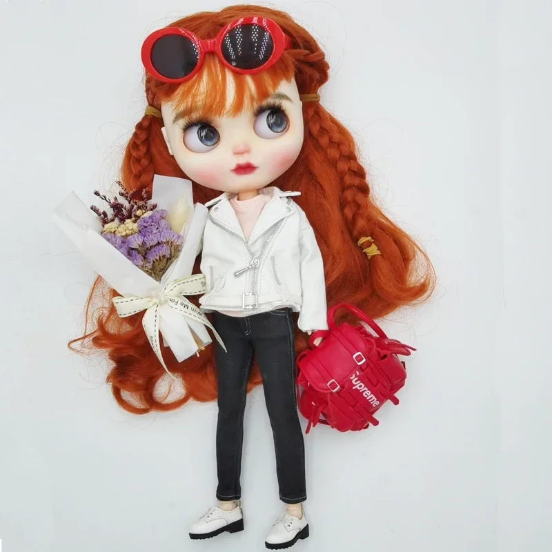 Blythe Doll Leather Coat Denim Pants for Azone Shoes Boots OB24 Clothes Set