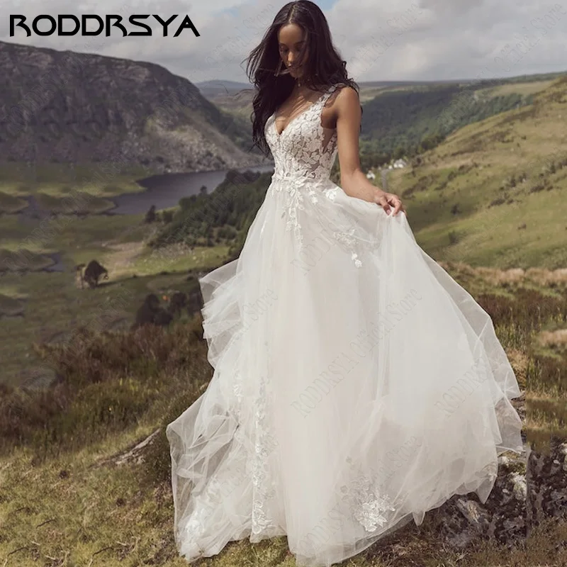 RODDRSYA Romantic Backless Tulle Wedding Dresses Sleeveless Lace Applique robe de mariée A Line Boho Bridal Gowns Custom Made