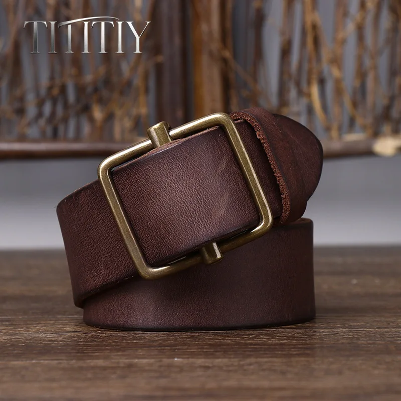 38mm Width Men No Hole Punch Free Genuine Leather Belt, Vintage Minimalist Brass Buckle Cowhide All-match Casual Jeans Belt