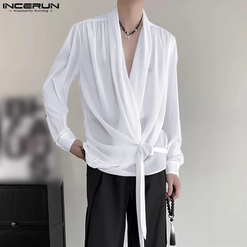 INCERUN Tops 2024 Men Summer Tie Up Chiffon Slightly See-through Shirts Leisure Male Well Fitting Thin Long Sleeved Blouse S-5XL