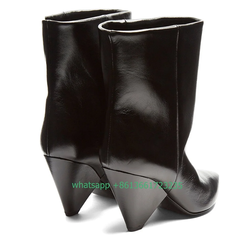 Black PU Mid Boots Spike Heels Pointed Toe Women Boots Slip On Loose Short Boots 2024 Spring Autumn Fashion Women Shoes Boots