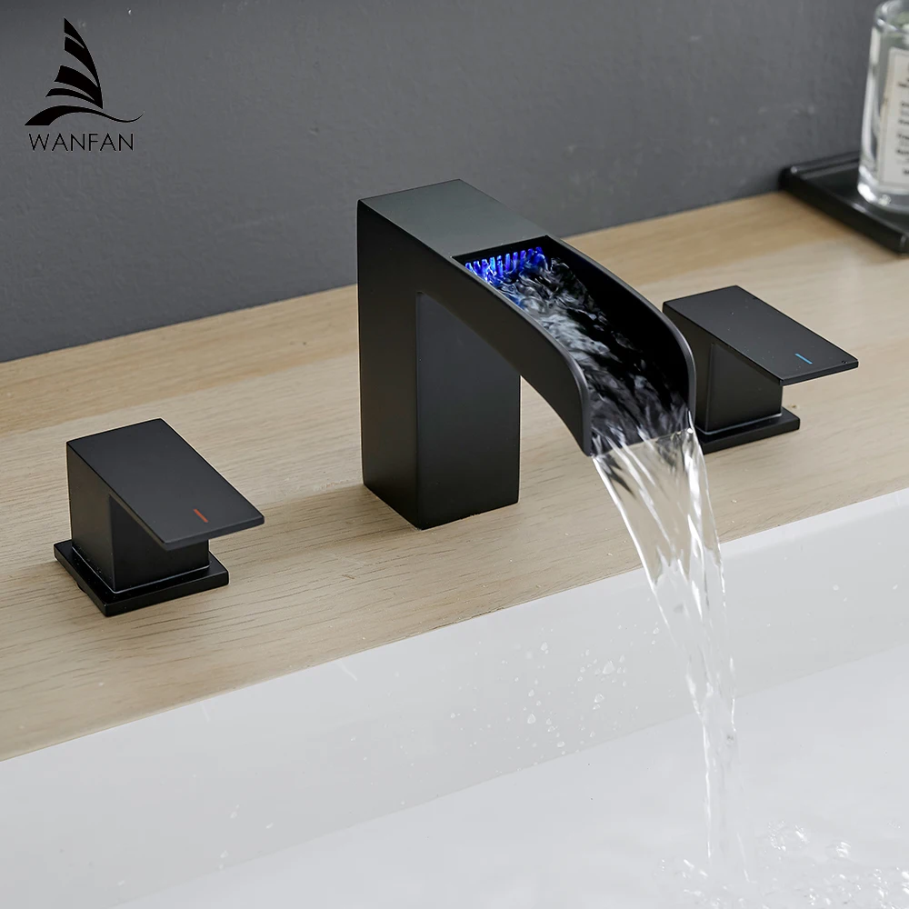 LED Basin Faucets stainless steel Black Deck Mounted Square Bathroom Sink Faucets 3 Hole Double Handle Hot And Cold Water Tap
