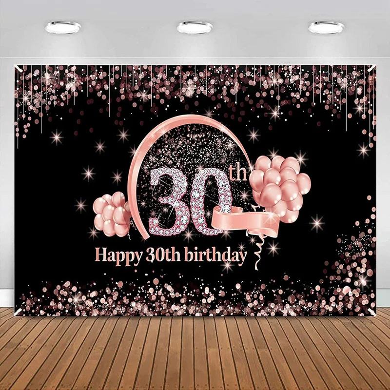 Haapy 30th Birthday Banner Backdrop Decorations Supplies for Women, Rose Gold Party Poster Decor Photo Photography Background