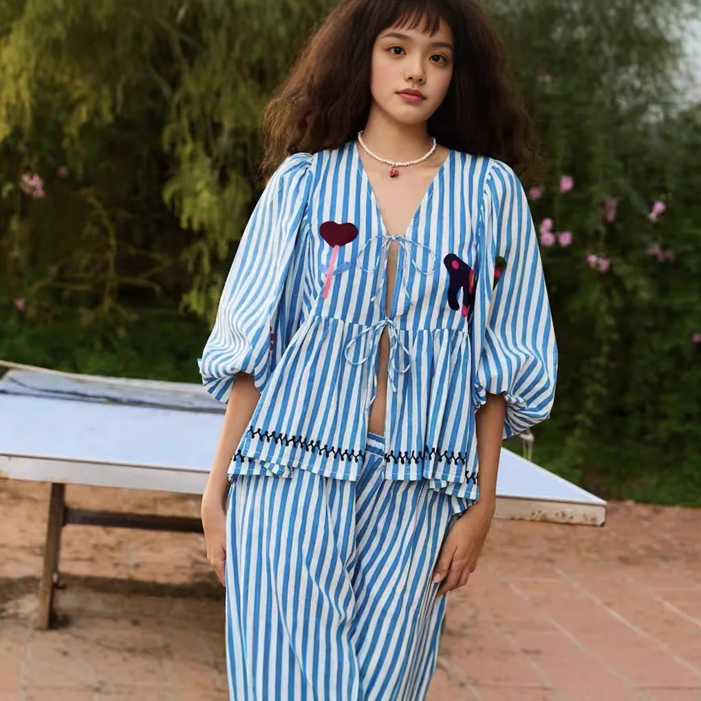 

Women's blue vertical stripes embroidered shirt with puff sleeves holiday casual ladies tops