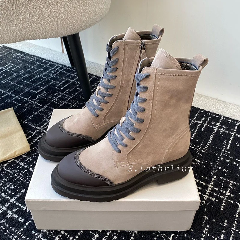 Round Toe Patchwork Color Blocked Short Boots Women's Thick Soled Lace Up Wedges Ankle Botas Spring Autumn Motorcycle Boots