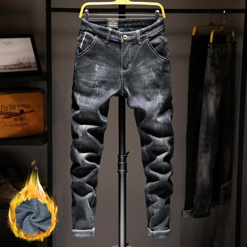 

Pop Fashion Winter Slim Men's Jeans Fleece Stretch Fashion Street Motorcycle Velvet Trousers Thickened Hip Hop Denim Pants