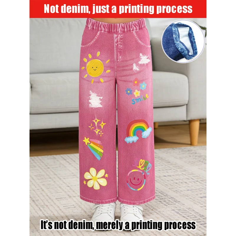 2026Children's Vitality and Playfulness Elements+Ripped Faux Denim Jeans