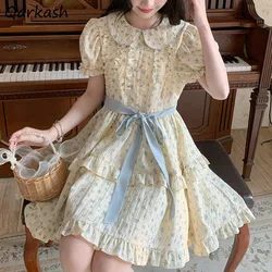 Sweet Dresses for Women Peter Pan Collar Summer Mini Printed Cute Girls Clothing Fashion Puff Sleeve Lace-up Ins College A-line
