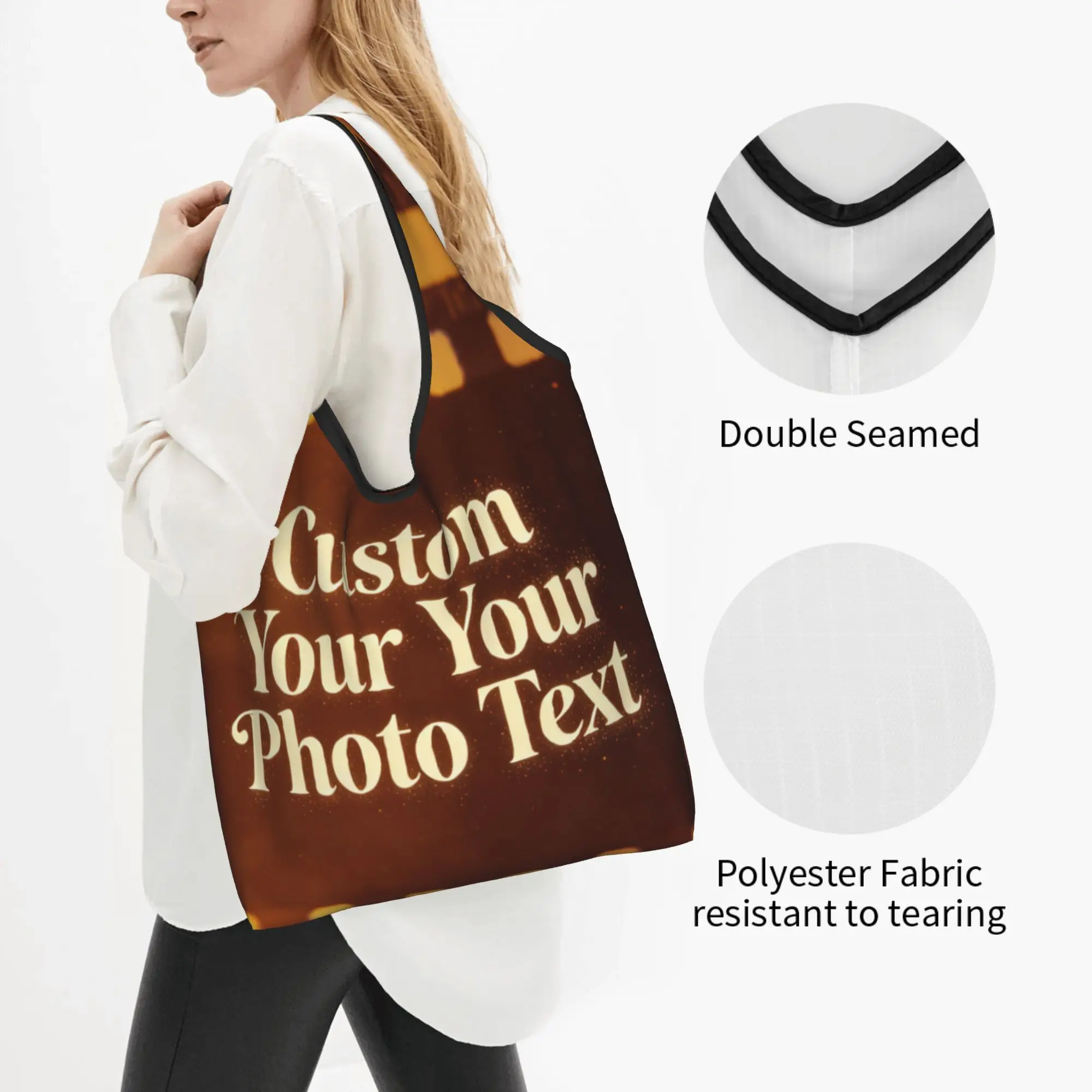 Cute Print Custom Your Photo Logo Text Shopping Tote Bags Portable Shopper Shoulder Personalized Image Handbag