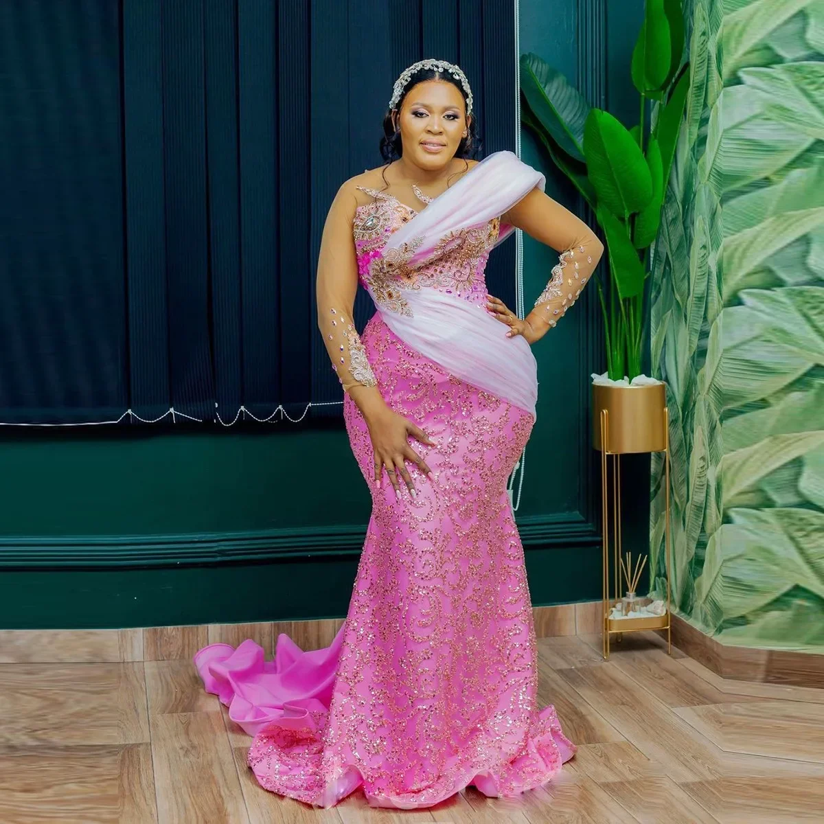 Elegant Mermaid Lace Crystal African Women's Party Evening Dress Sexy Backless Transparent Sleeves Formal Ball Dress Customized