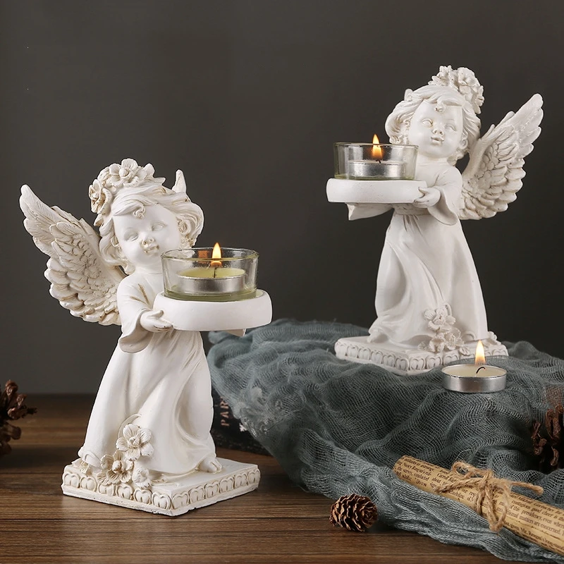 Angel Candle Holder Resin Figurine Ornament Nordic Retro Home Decorations Table Resin Sculpture Candlelight Dinner Decorative