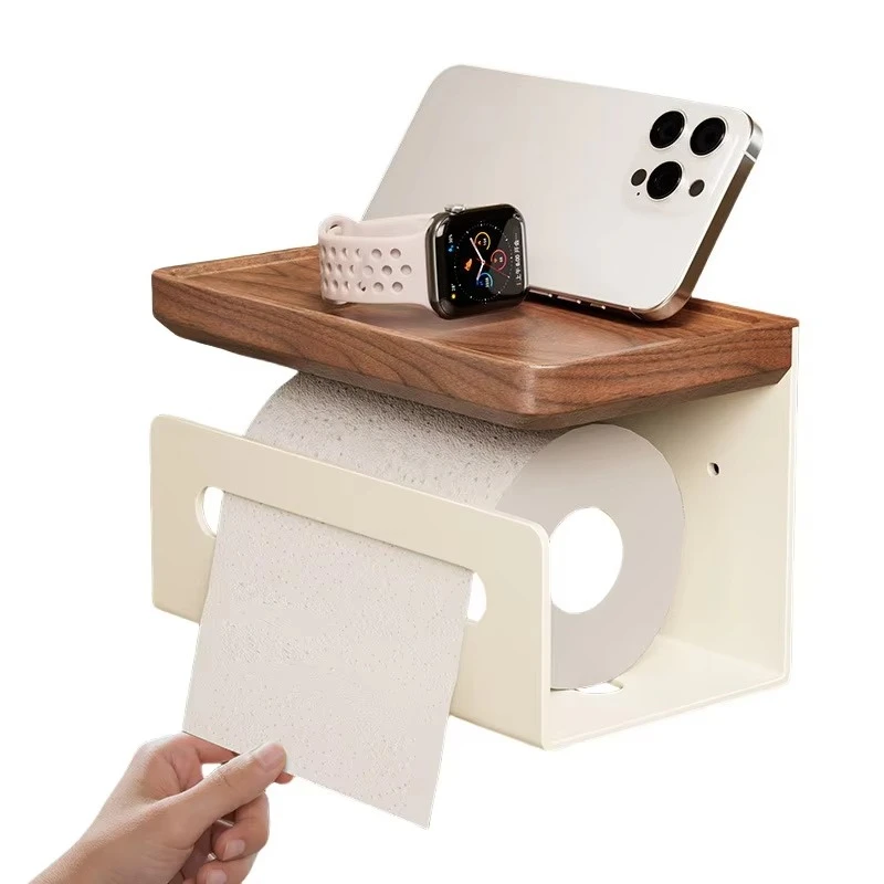 Walnut Wood Wall Mount Bathroom Tissue Box, No Drill Toilet Paper Holder with Shelf, Roll & Sheet Dispenser for Washroom