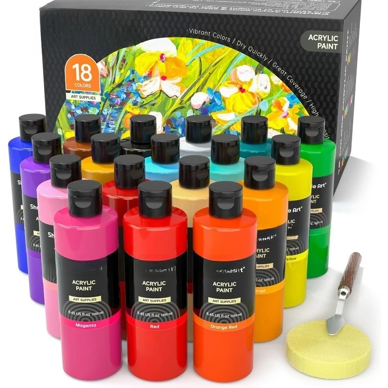 

Art 18 Colors Acrylic Paint Bottle Set (250ml/8.45oz), Rich Pigmented Bulk Painting Supplies for Artists, Beginners and