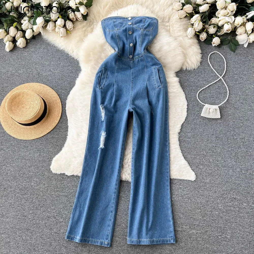 Women Denim Jumpsuit Skinny Tube Top Sexy Slim Wide Legs Holes High Waist Single Breasted Female 2023 New Chic Sweet Streetwear