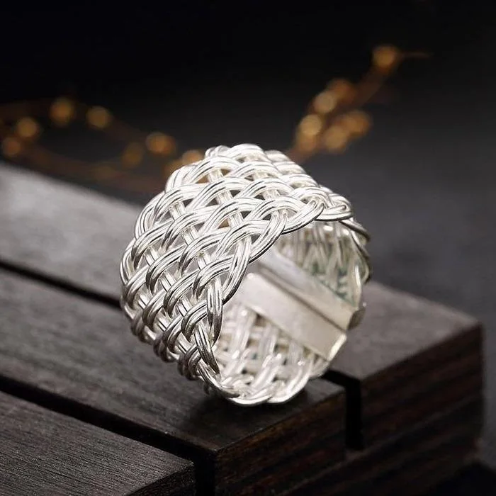 Wide Braided 925 Sterling Silver Handmade Vintage Personality Open Fashion Tide Index Finger Men's and Women's Luxury Ring