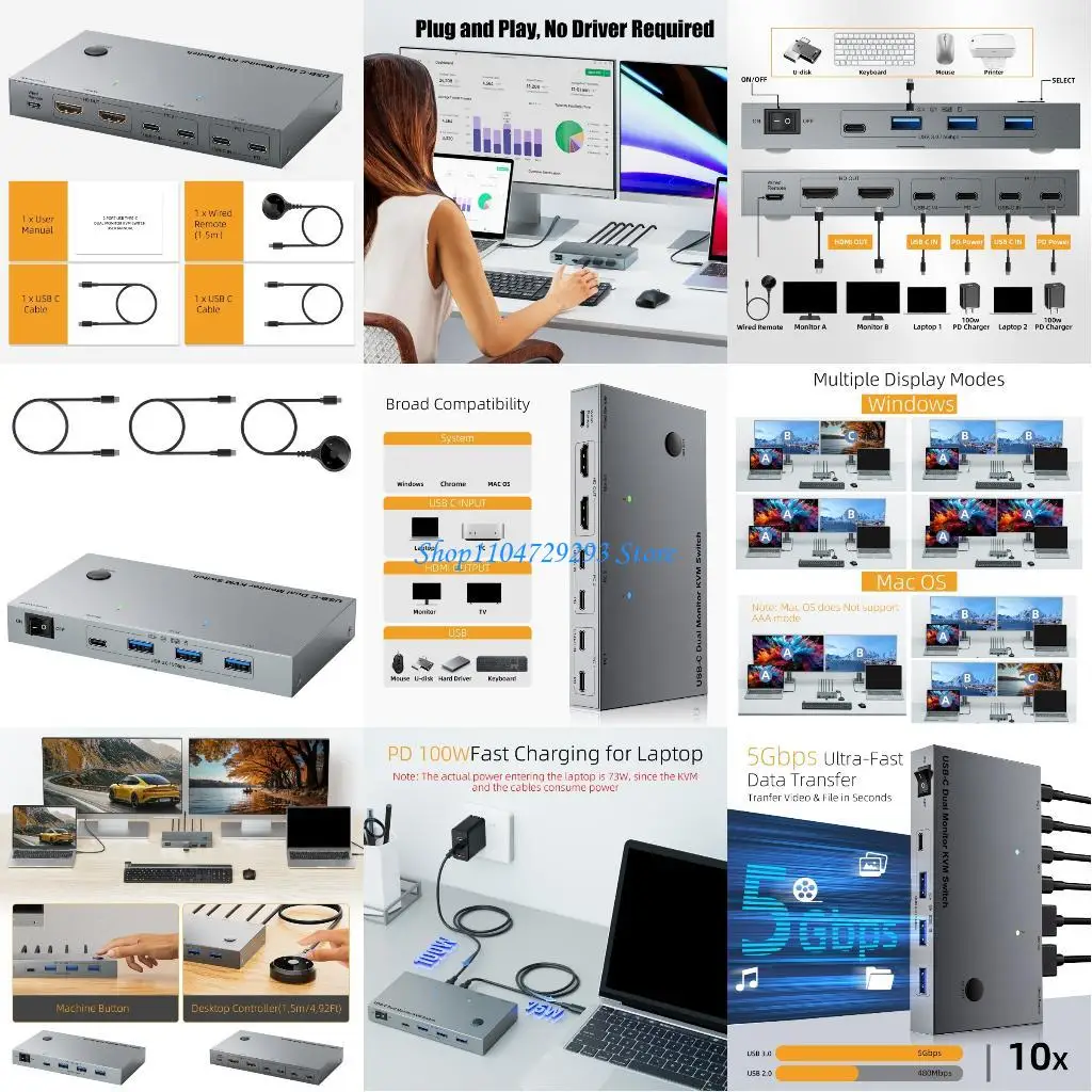 

Y2GD USB C KVM Switcher 80W Charging for PC Laptop Sharing 2 Monitor and 4 USB3.0