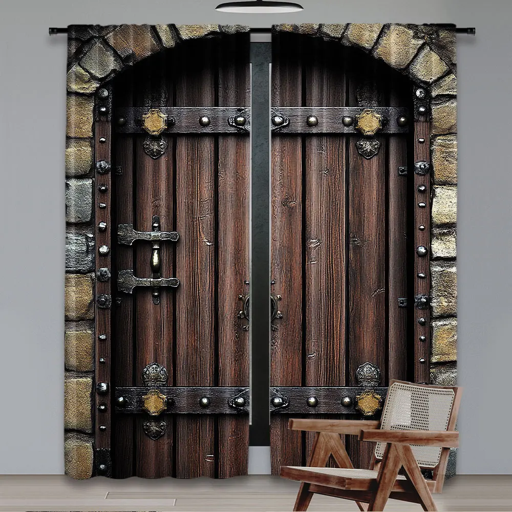 2Pcs Rustic Curtains Wooden Door Historical Vintage Exterior Medieval Structure Suitable For Bedroom Bathroom Living Room Dining