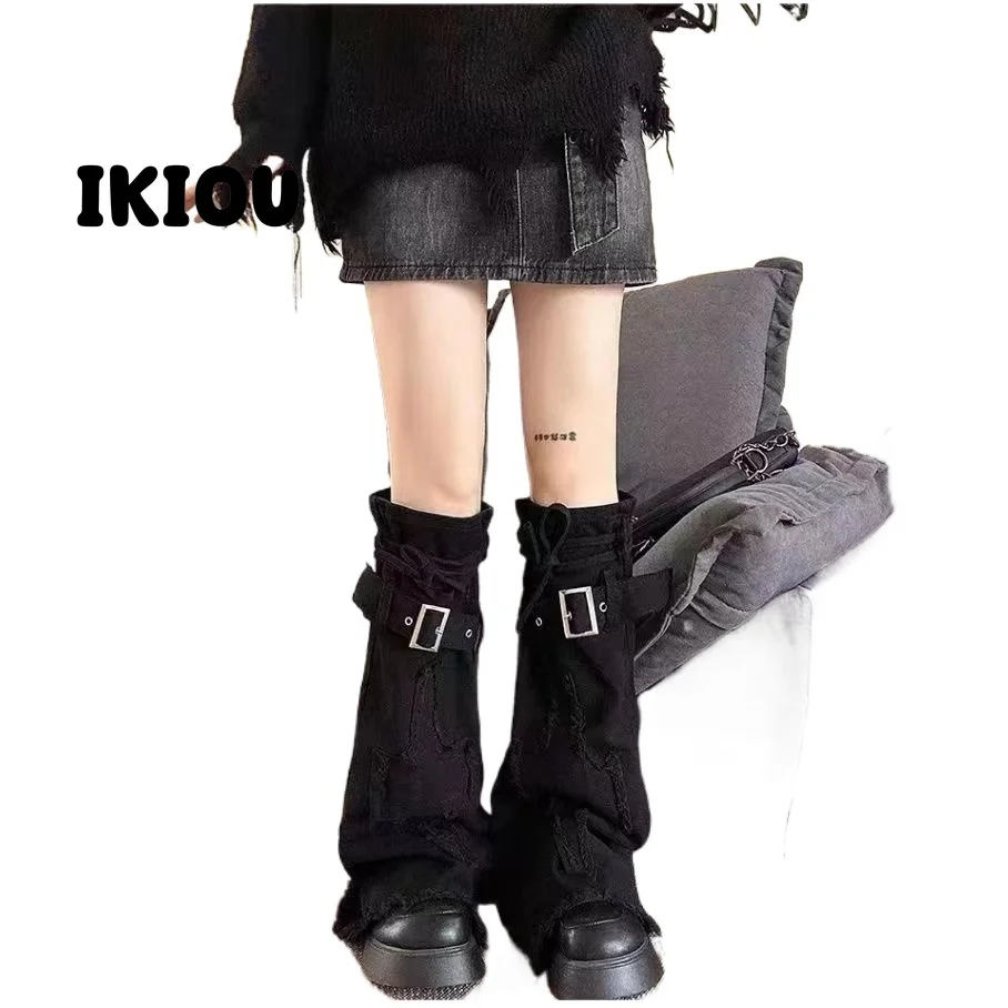 IKIOU Y2K Punk Rock Black Denim Leg Warmers with Drawstring Cross Detail for Slim Fit and Trendy Ins Girls