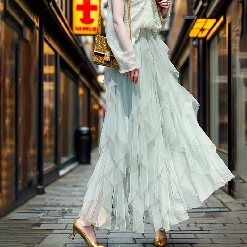 

Grid Pleated Ballet Skirt, Casual Solid Color Elastic Waistband Layered Skirt for Women's Apparel