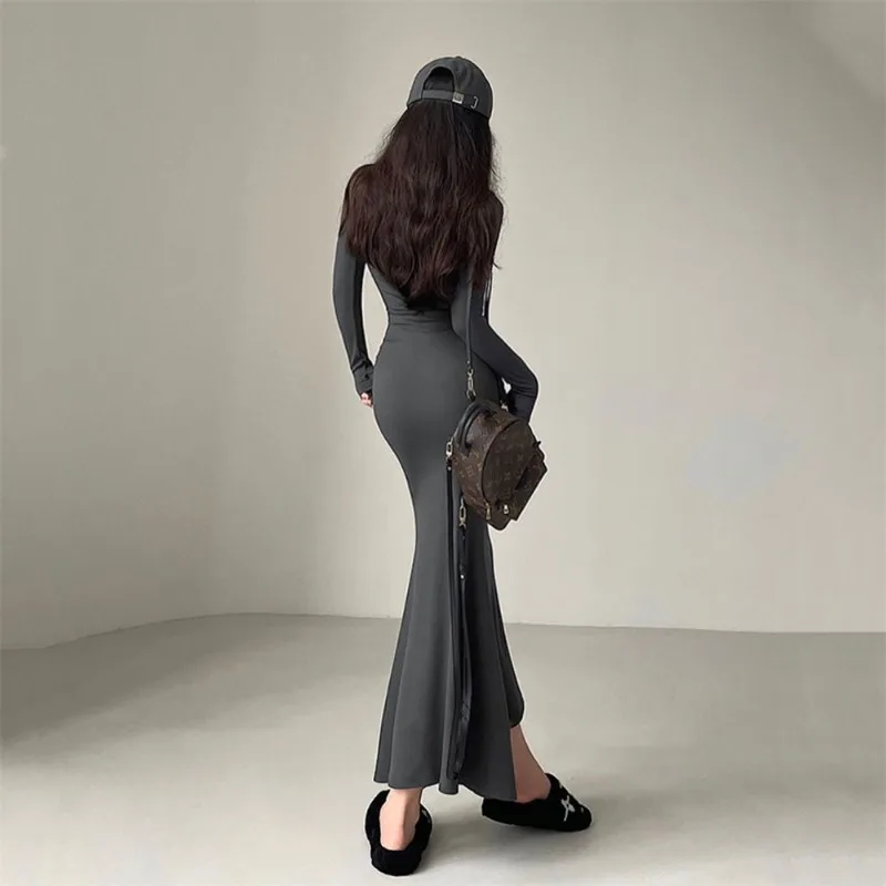 Women Dress Long Style Trumpet Vestidos Pure Tunic Vintage Streetwear Spring Autumn Trendy Temperament Maxi Design Harajuku Chic