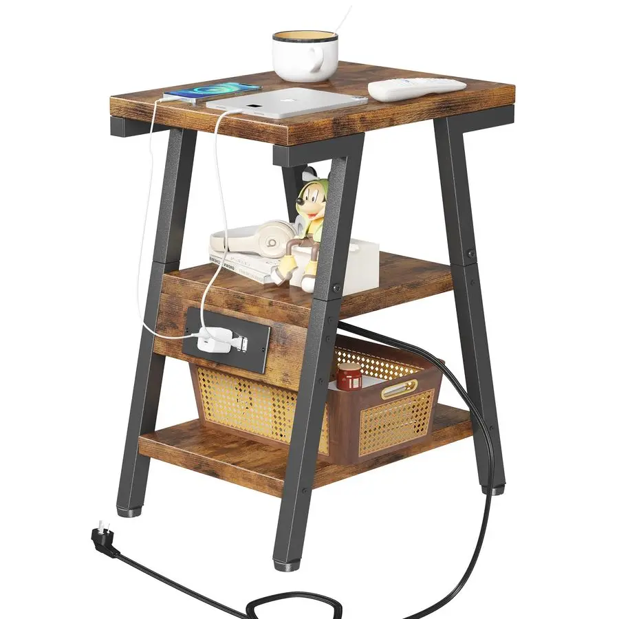 

Table with Charging Station, Small Side Tables with Lucky 7 Metal Shape, 3Tier Nightstand with Outlets and USB Ports, Adjustable