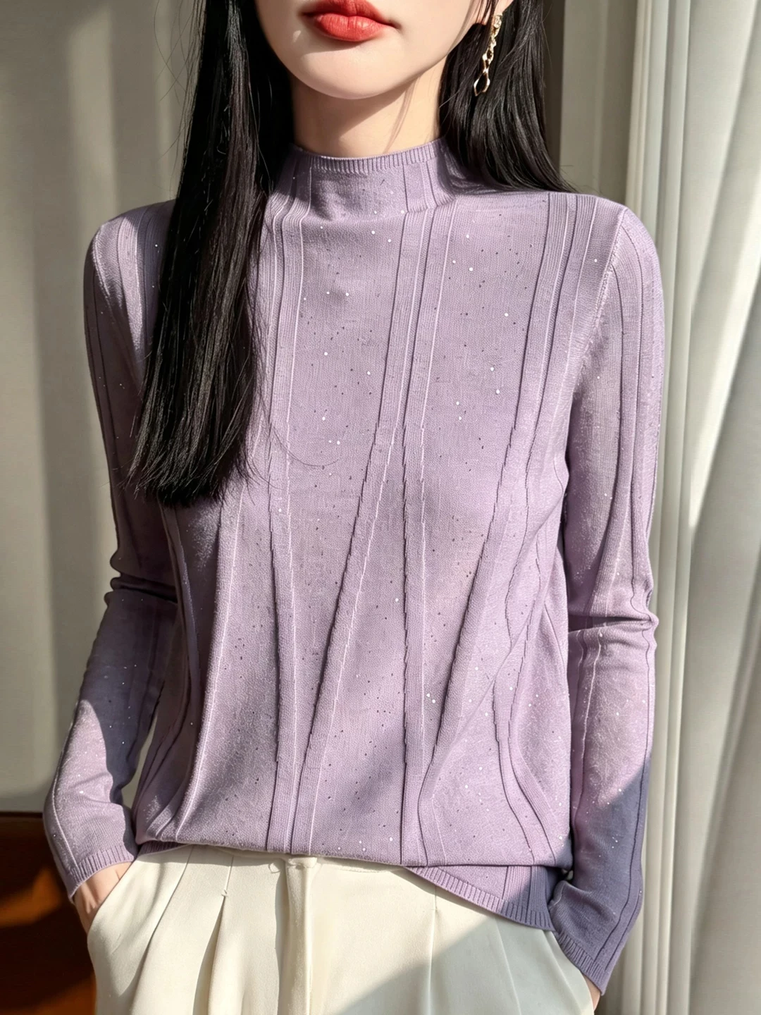 Soft Wind Women's Long Sleeve Knitted Wool Sweater High Neck Sparkle Slim Fit Base Layer Top Casual Simple Style Autumn Winter