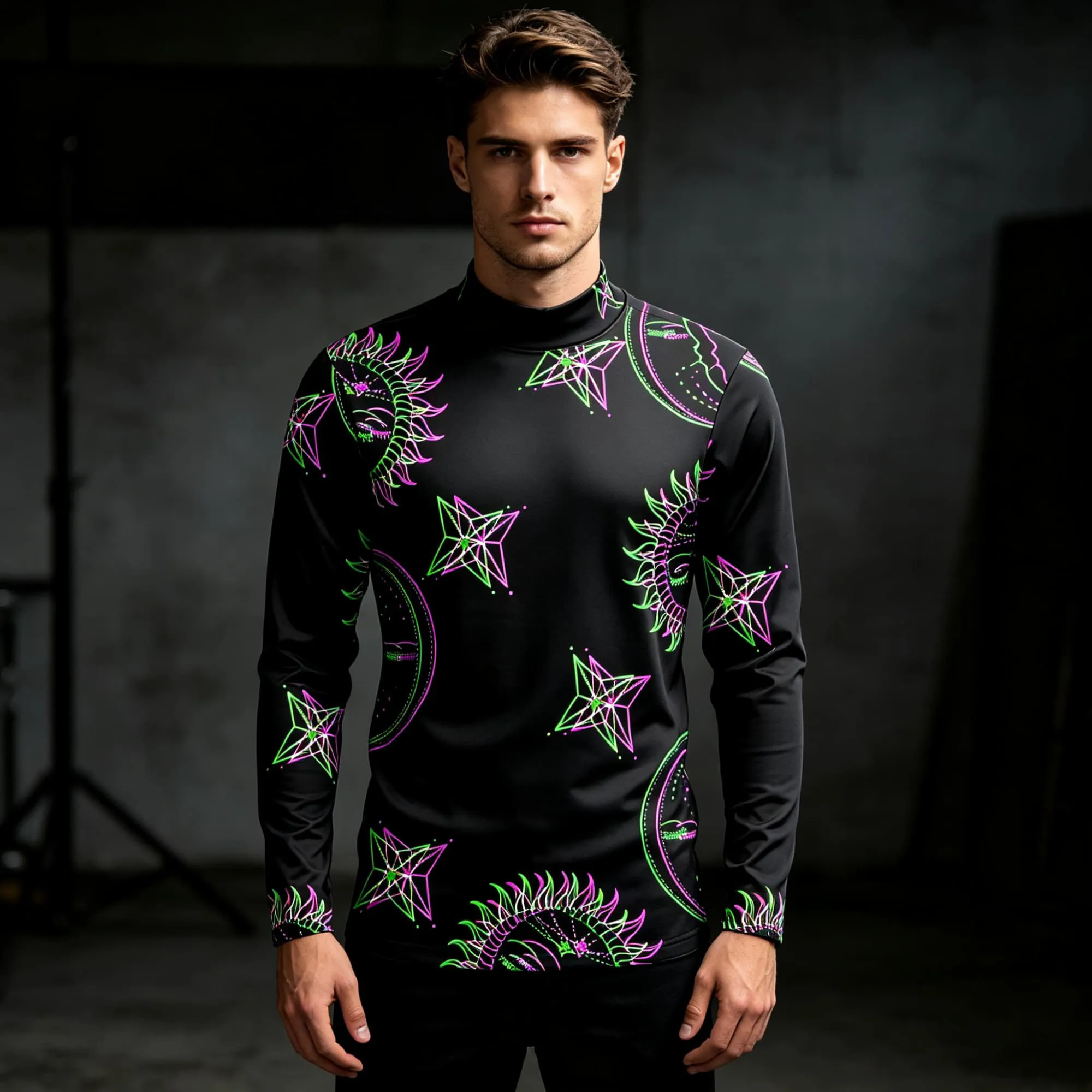 Neon Green Purple Sun Star Pattern Men Mock Neck Athletic Shirt Lightweight Soft Long Sleeve Casual Party Street Top