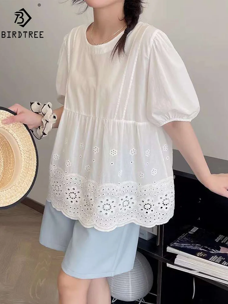 

New Spring Cotton Sweet Shirt Women Short Sleeve Hollow Out Literature Tops Girl Loose Blouses 2024 Summer T455154QM