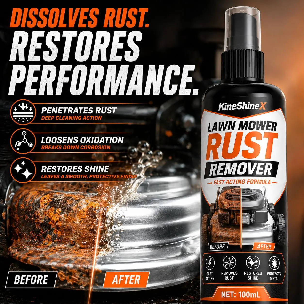 Lawn Mower Rust Remover – Fast-Acting Formula Dissolves Rust, Restores Shine & Protects Metal on Decks, Blades, Wheels & Bolts