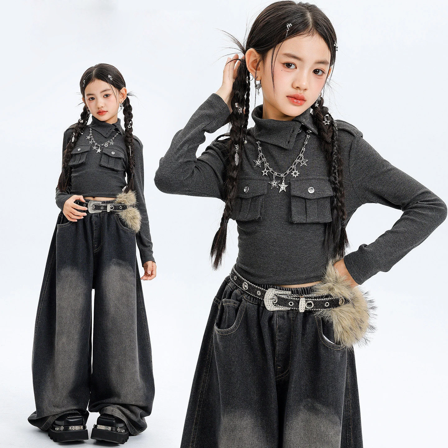 

Детская одежда в стиле K-pop и хип-хоп: серый свитер с высоким воротом, черные повседневные рваные джинсы для девочек, костюмы для уличных танцев