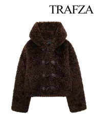 TRAFZA inverno moda donna cappotti corti marrone scuro con cappuccio manica lunga monopetto femminile Casual cappotto caldo soprabito spesso