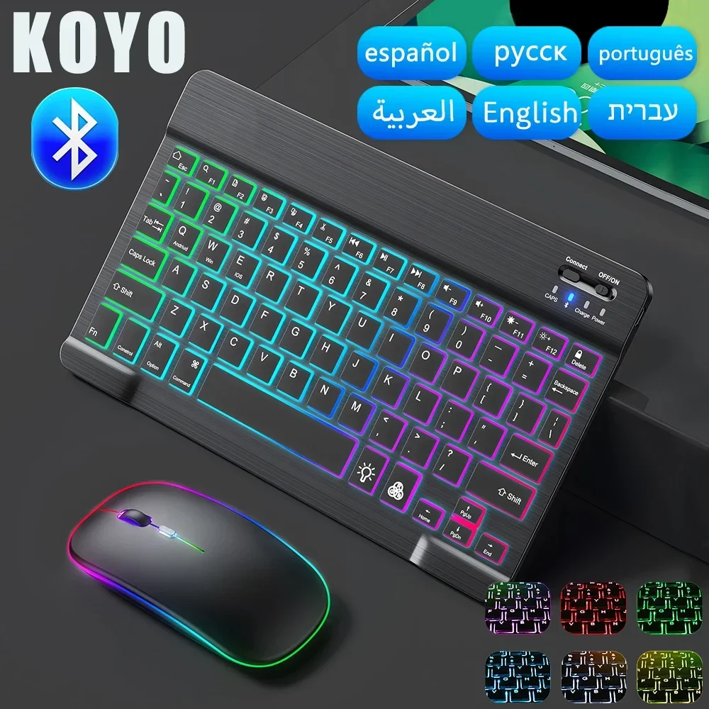 10inch Backlit RGB Bluetooth Keyboard Wireless mouse  Mini for  Spanish Russian Keyboard RGB Backlit Rechargeable Keyboard mouse