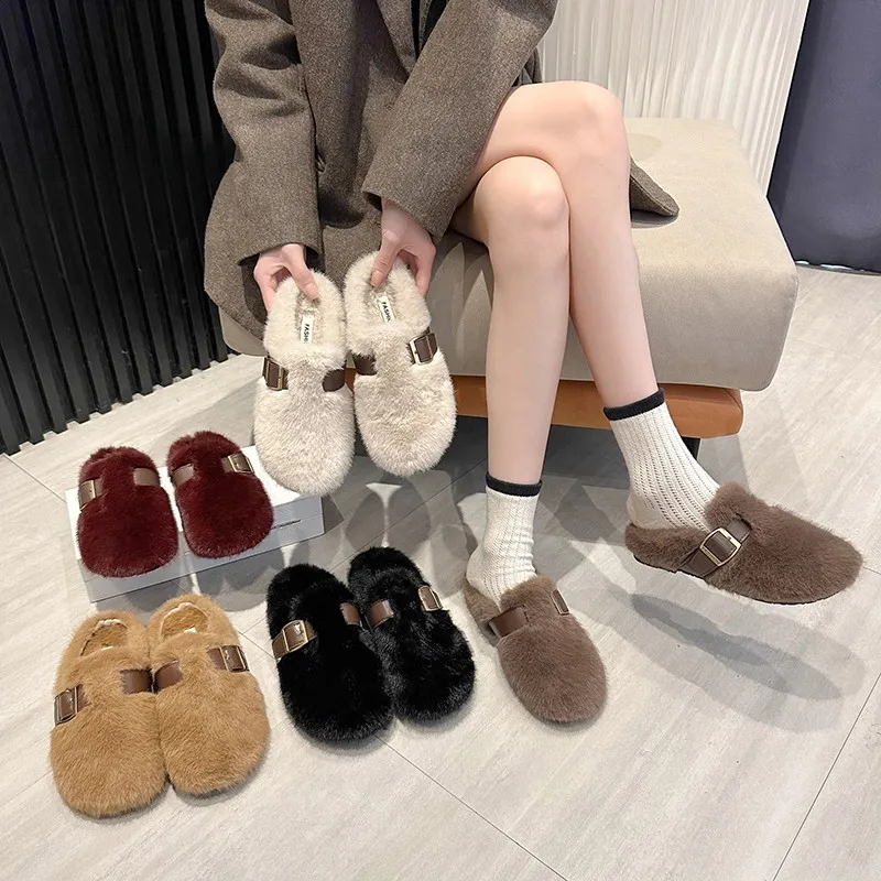 

Новинка 2024 года, весенние женские балетки Laofer на плоской подошве, модные женские туфли без шнуровки с меховым носком, мягкая уличная обувь Мэри Джейн