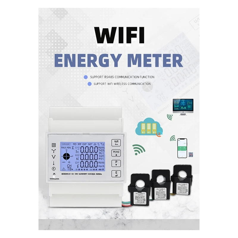 TAC4321CT Three Phase Din Rail Wifi Tuya Mutil-Function Energy Meter With KCT16 Current Transformer 230/400VAC