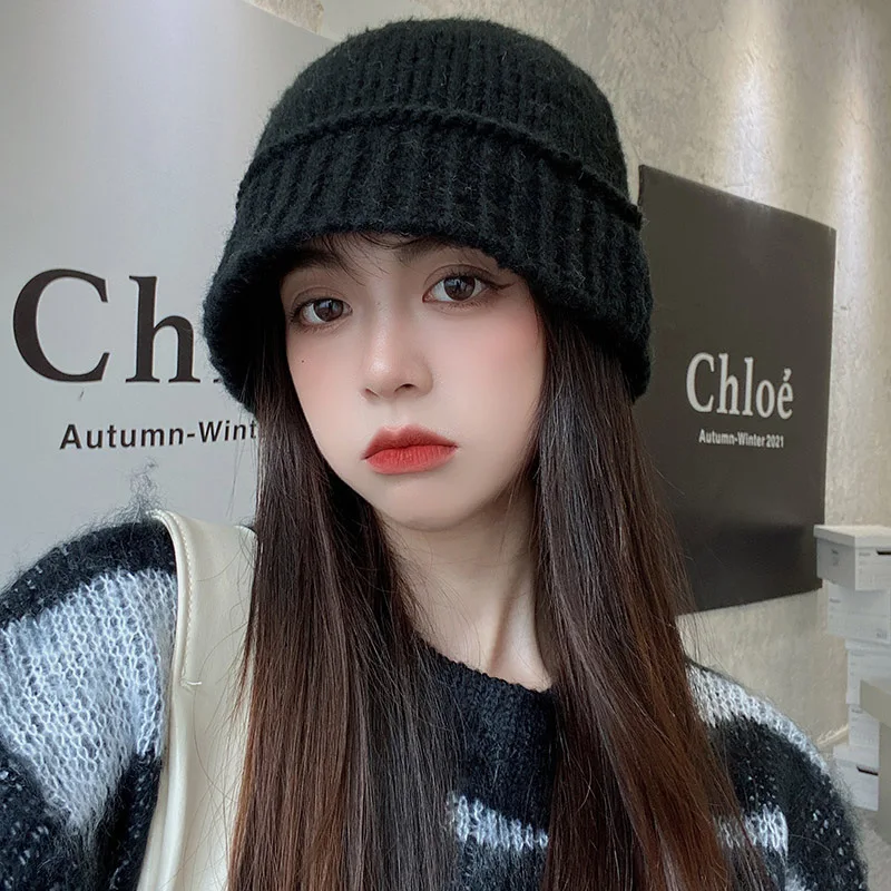 Wool Knit Buket Hat Soft Warm Fisherman Beanie Cap Slouchy Winter Crochet Knitted Skull Hat for Women Autumn Wool Hat