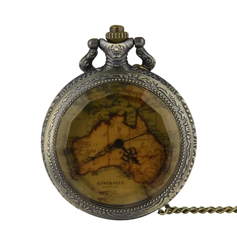 

8059Retro brown flip map pocket watch large European and American map sweater chain watch quartz watch