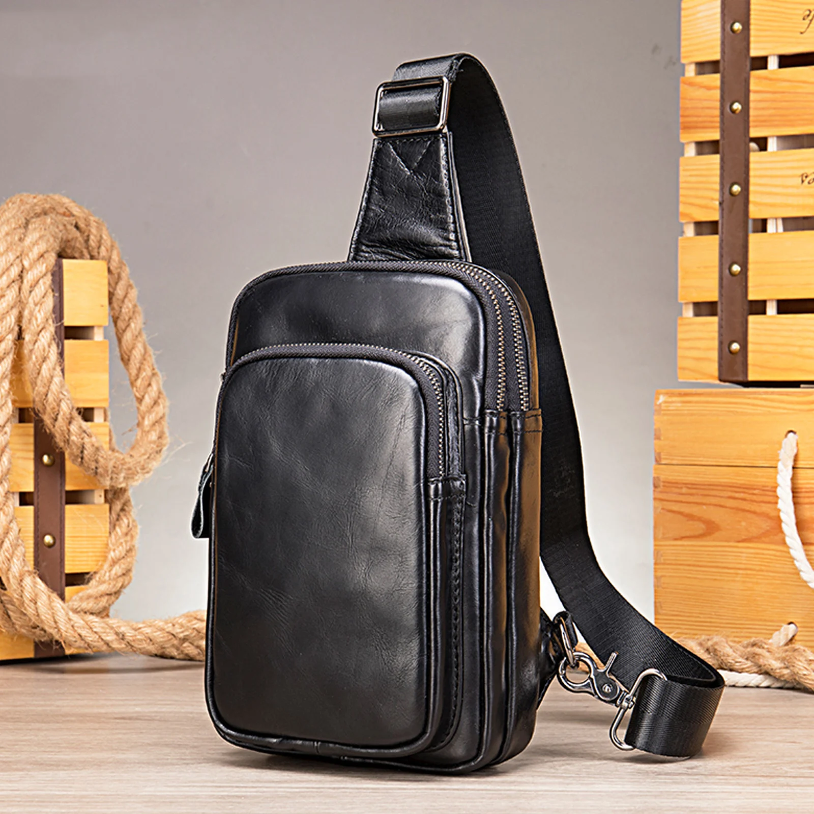 Mans 100% oryginalna skórzana torba typu Sling mężczyźni Messenger torby dla mężczyzn czarna torba na klatkę piersiową na telefon Casual sportowa torba na ramię