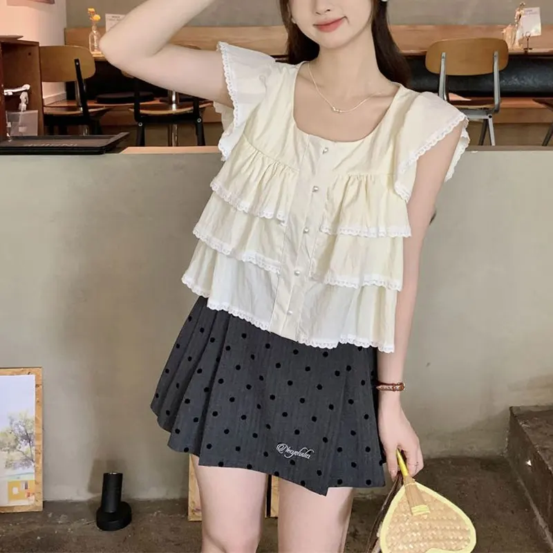 Sweet Flying Sleeve Lace Spliced Blouse Summer Thin Square Collar Female Clothing Stylish Ruffles Solid Color Casual Basic Shirt