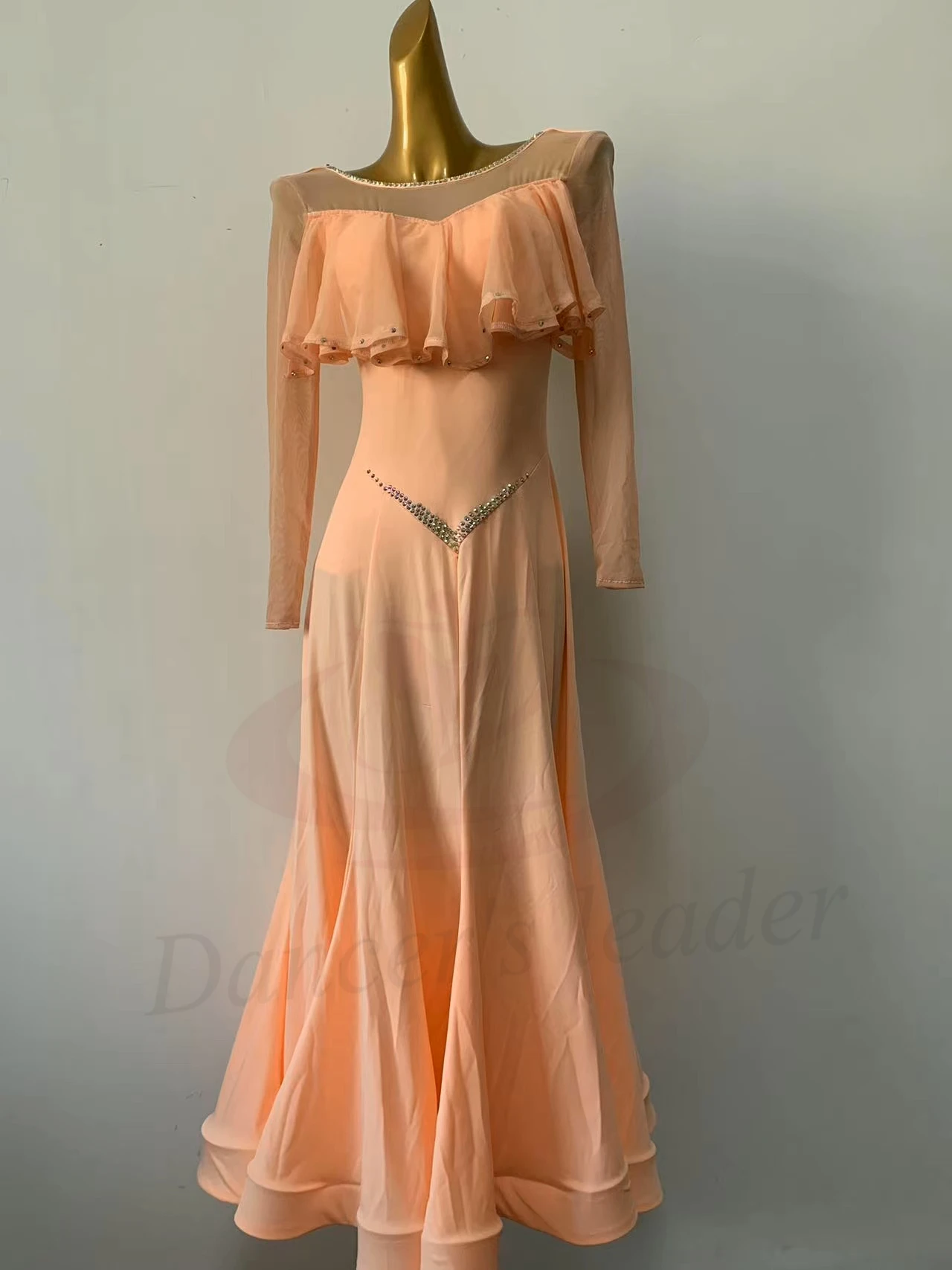Vêtements de concours de danse latine pour femmes, haut de gamme, personnalisé, maille Simple, manches longues, grande jupe, Performance Samba, robe à strass