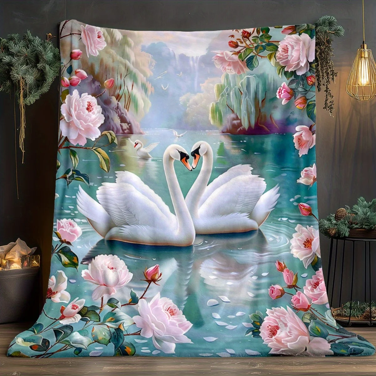 1pc White Swans Blanket- Lightweight Throw for Sofa, Outdoor, Camping, Livingroom, Office, Chair, and Bed - Digital Printing Sof